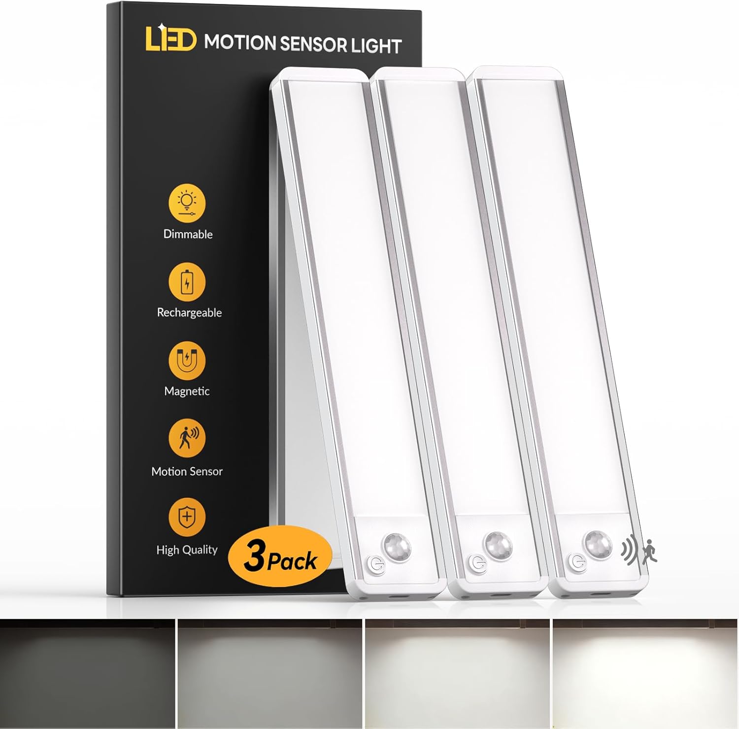 Under Cabinet Kitchen Lights 3 Pack – 6000K LED Motion Sensor Lights Indoor, 1100mAh Rechargeable Light, Dimmable & Magnetic Wireless Under Counter Lights for Cupboard|Shelf|Wardrobe|Stairs, 20CM