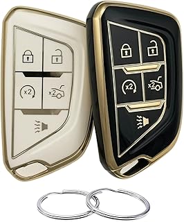 Silicone Rubber Key Fob Cover Compatible with (5 Buttons) 2020 2021 2022 2023 Cadillac ATS CT5 CT6 XT4 XT5 XTS (Black/White)
