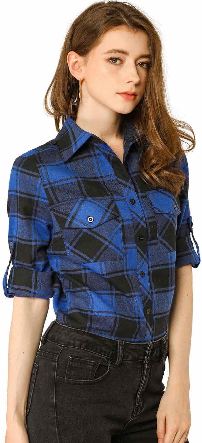 Allegra K Women's Roll Up Long Sleeve Christmas Button Down Plaid Flannel Shirt Top - Image 2