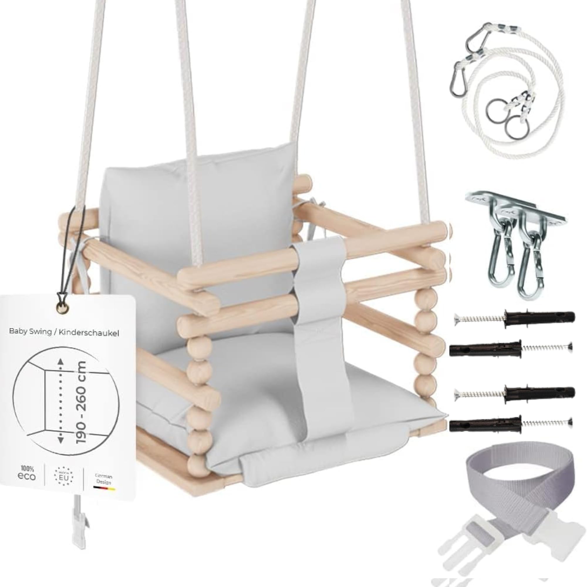 MAMOI® Columpio para bebés 3 en 1 + Cinturón de Seguridad | 190-260cm Ajuste de la Altura del Techo | Columpio para niños Interior Exterior | Columpio Bebe | 100% Eco | Hecho en la UE