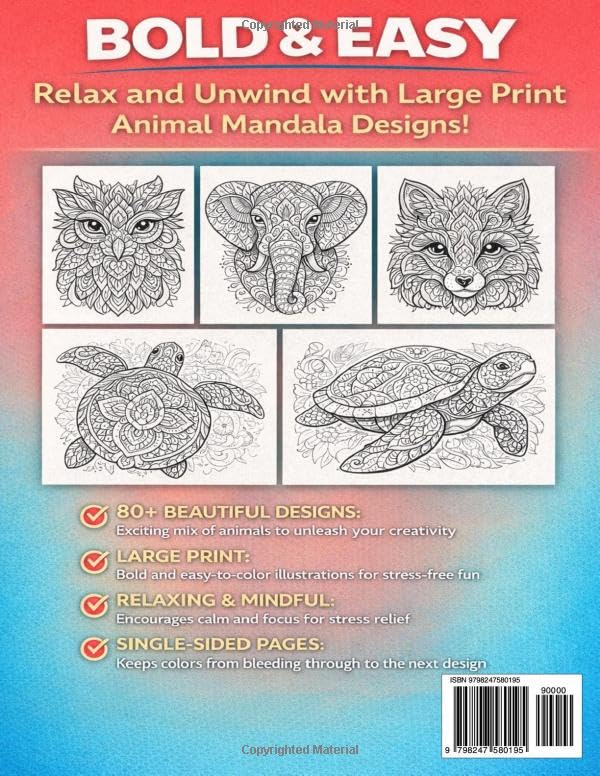 Bold & Easy Animal Mandalas for Adults: 80+ Large Print Designs for Relaxation, Stress Relief & Calm Coloring - Image 2