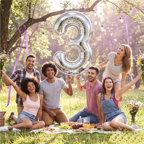 Image of Number Balloons Silver Party Balloon - Giant Number 3 Balloon, 40 Inch Large Balloon for Birthday Decorations, Silver Party Supplies for Anniversary