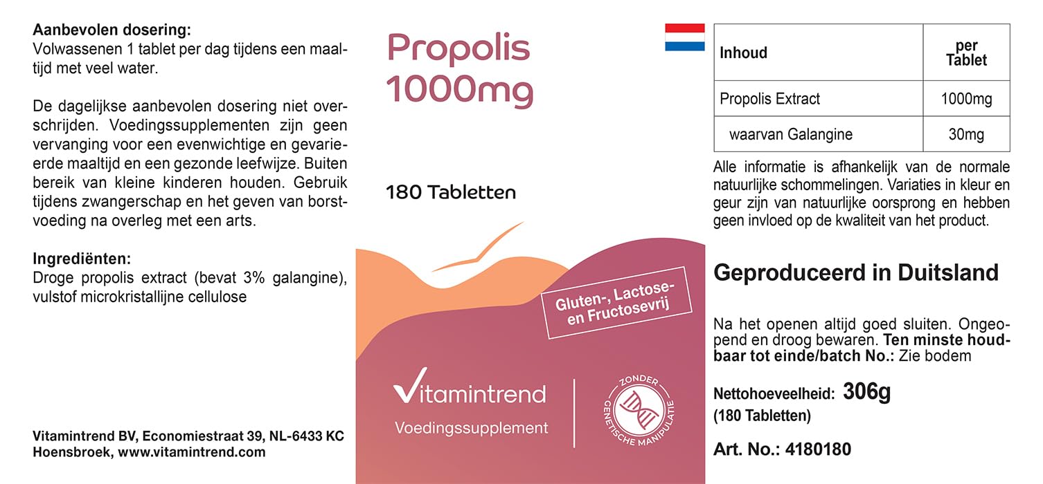 Vitamintrend Extrait de propolis 1000 mg, 180 comprimés, hautement dosé, complément alimentaire sans stéarate de magnésium, fabriqué en Allemagne