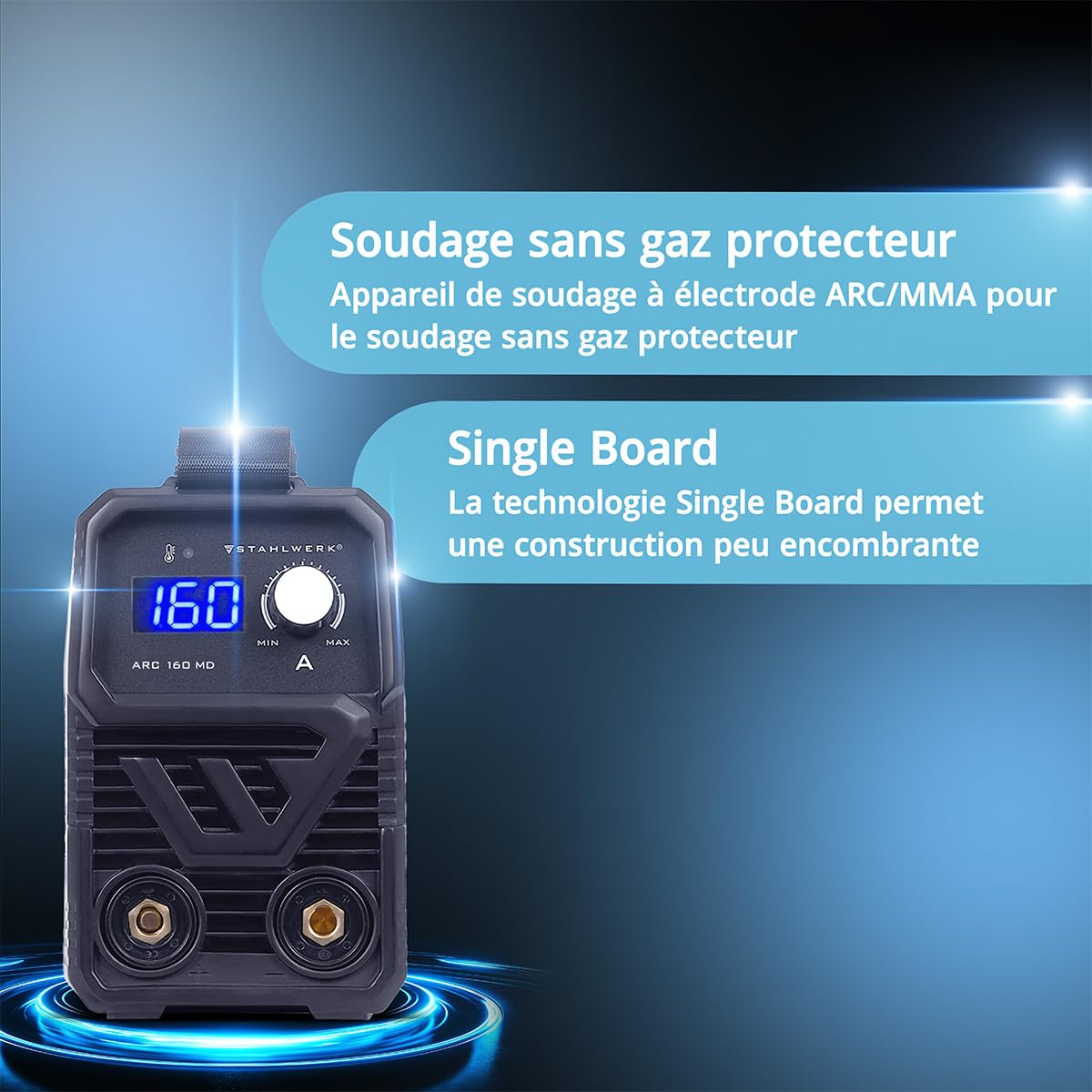 STAHLWERK Poste à souder à l'électrode ARC 160 MD – Kit complet – MMA jusqu'à 160 A, utilisation flexible sans gaz, compact & léger, évolutif TIG DC, Hotstart, Anti-Stick, Smart Cooling