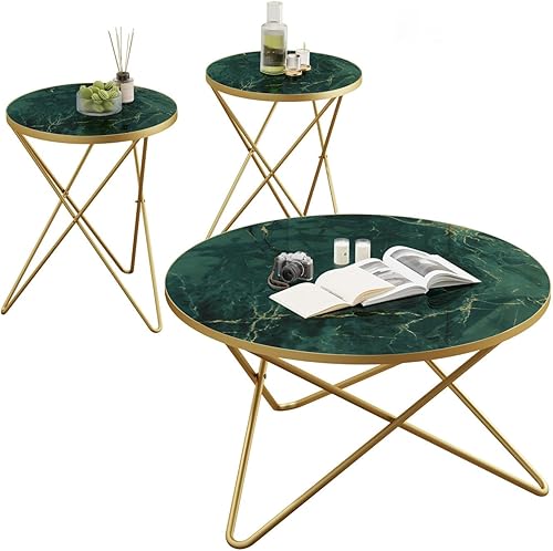 Miniatura 9 de HLR Moderno juego de 3 mesas auxiliares redondas y mesa auxiliar, mesa auxiliar con parte superior de mármol sintético y marco de metal dorado, mesa