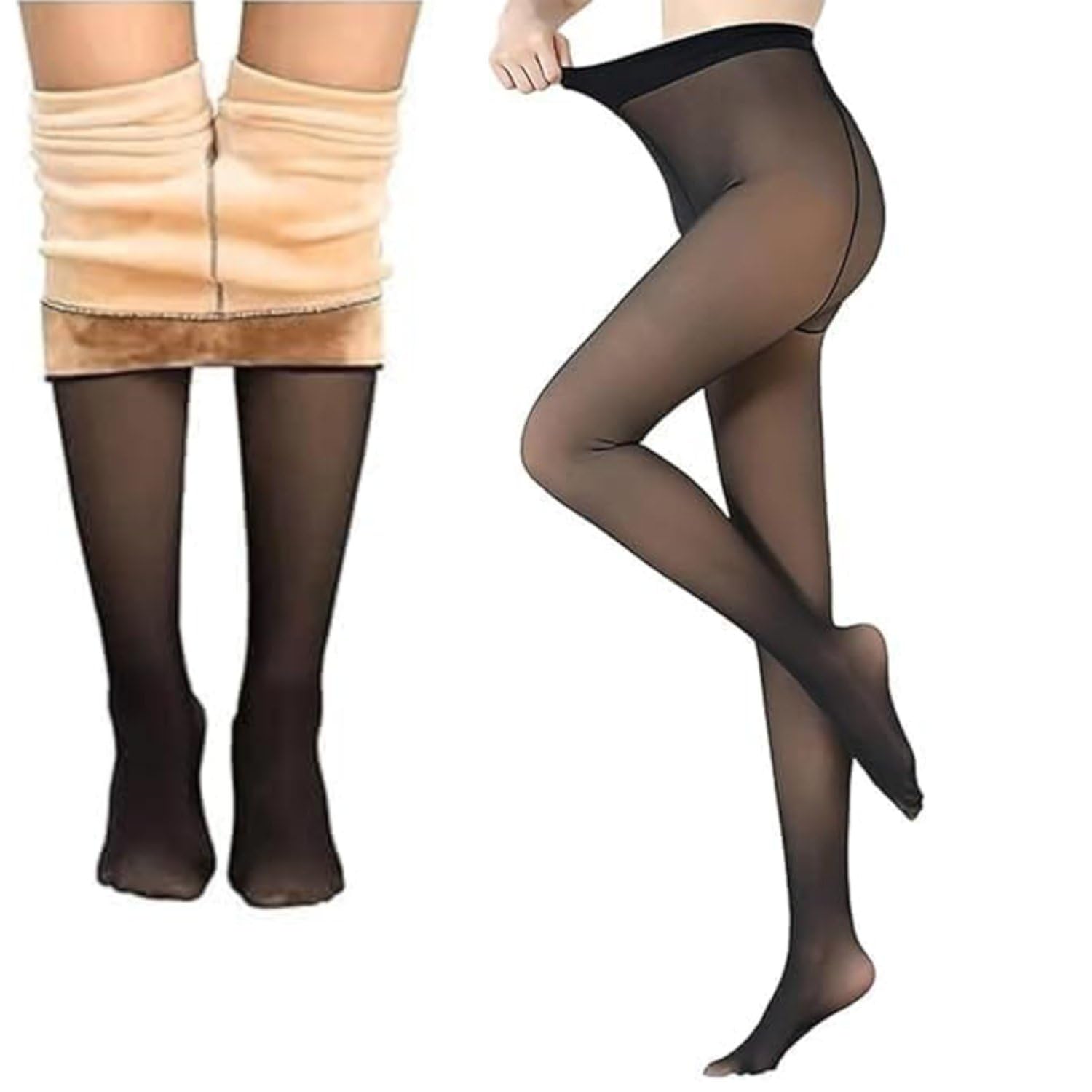 Women Fleece Lined Thermal Tights, Winter Warm Sheer Pantyhose, Black Semi-Opaque Leggings-image-8