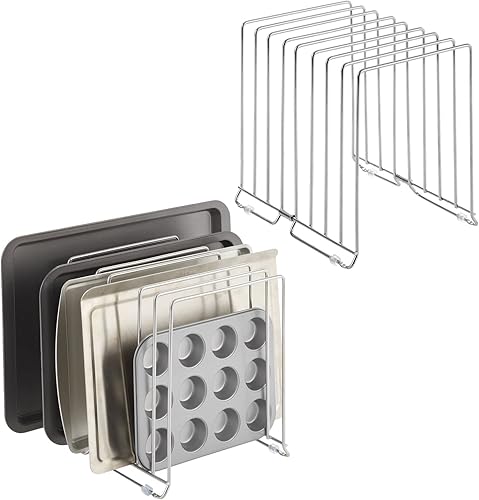 mDesign Organizador grande de alambre de metal para armario de cocina, despensa, estantes, soporte con 8 ranuras para hornear, sartenes, sartenes,