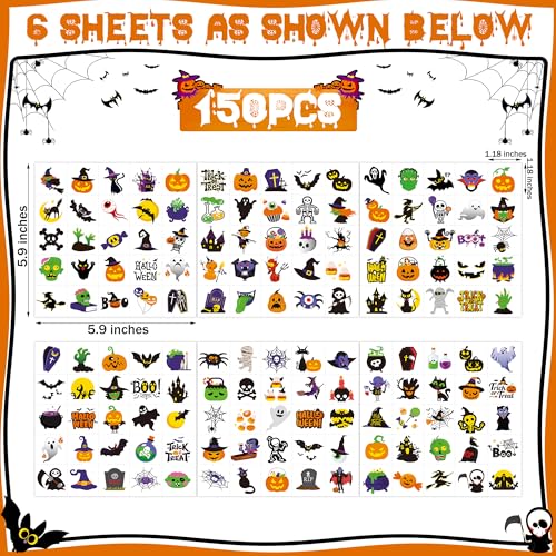 image for Huskein 150 PCS Halloween Tattoos for Kids, Waterproof Assorted Hallow