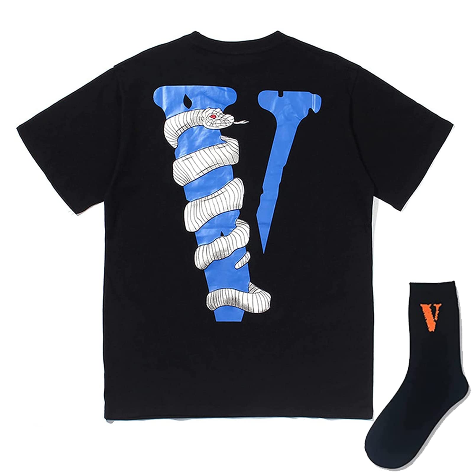 HvizeanHip Hop Casual Big Letter V Tshirt and Socks Python Snake Shirt Fashion Short tee Tops for Men Women Black