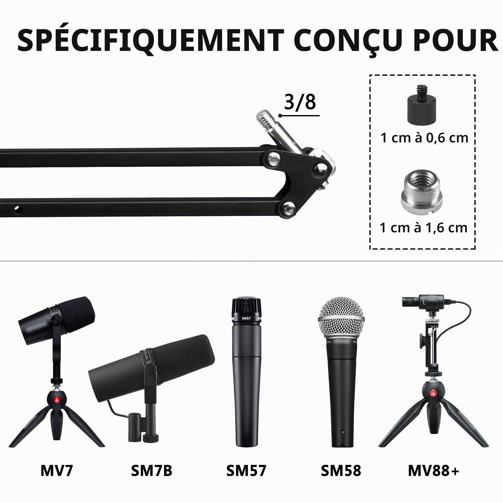 Geekria Bras de micro pour créateurs compatible avec Shure MV7+, MV88+, SM7B, MV7, MV7X, SM57, adaptateur de bras perche, support de suspension, fixation bureau