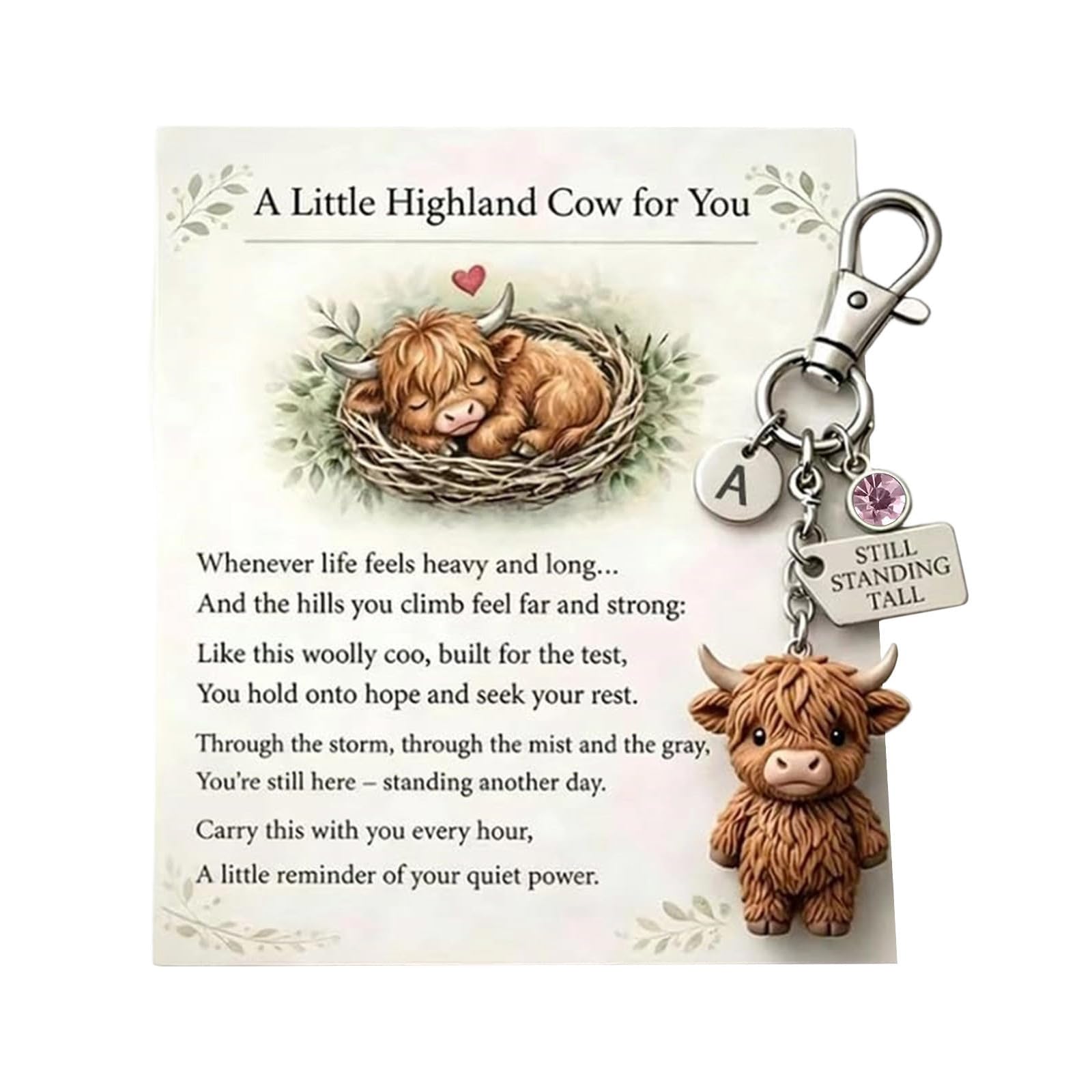 Géneric Highland Cow Keychain, A Little Highland Cow for You Keychain: Your Daily Reminder of Quiet Strength, Cute 3D Resin Tiny Cow Key Ring With Birthstone and Sentiment Card (A,June)
