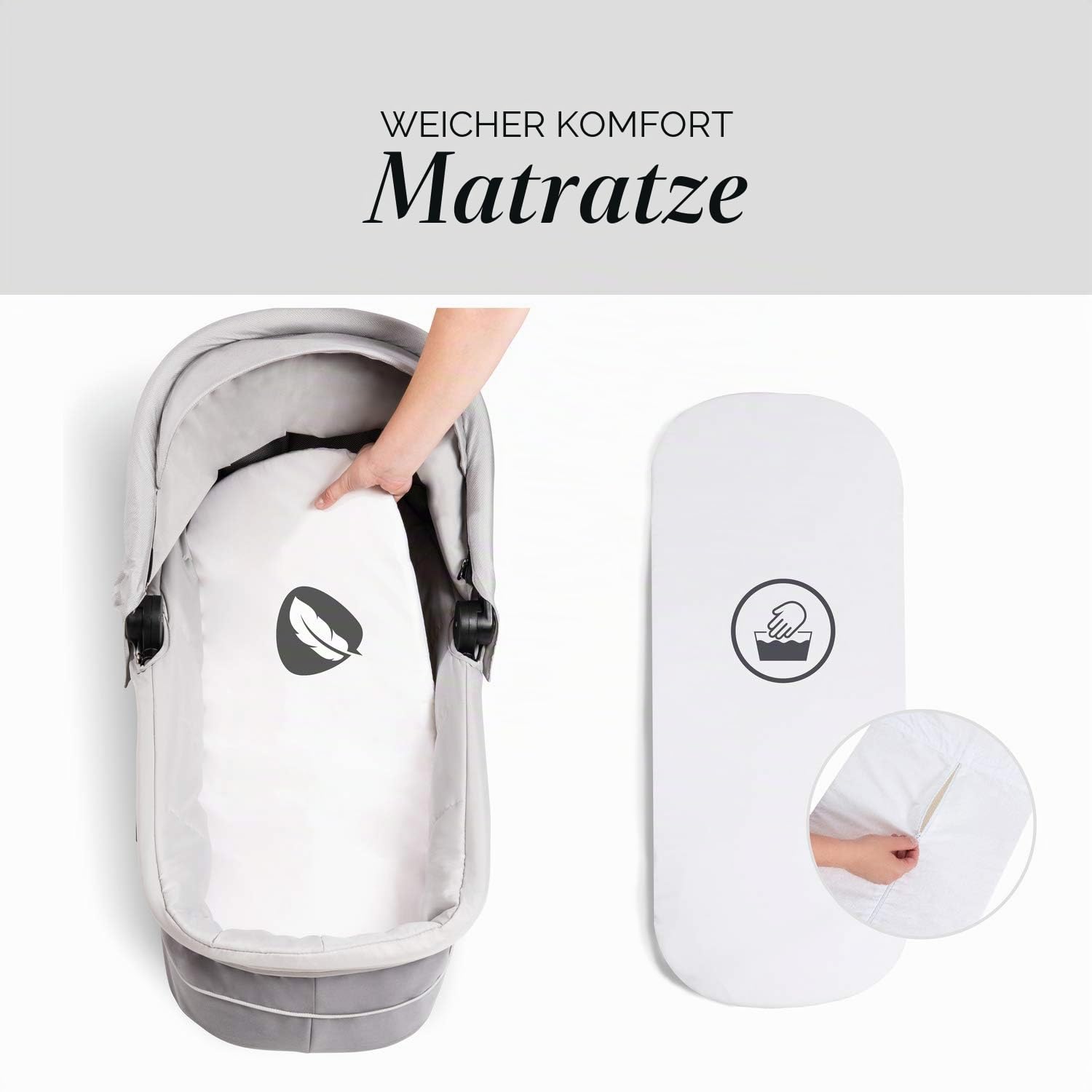hauck Babywanne für Saturn R & Marks Kinderwagen, für Babys ab Geburt bis 9 kg, mit Matrazte, Sonnenverdeck, Belüftungsfenster, Klein Zusammenklappbar (Denim/Silver)