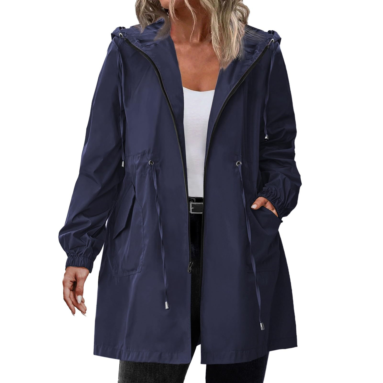 Chaqueta de exterior para mujer, impermeable, transpirable, gabardina, larga, con capucha, lluvia: sección ligera y fina, chaqueta de lluvia con cremallera, cortavientos, chaqueta de entretiempo con
