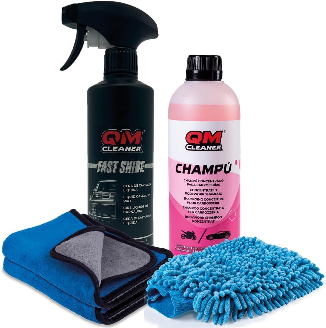 QM Cleaner Kit di Pulizia e Lucidatura per Carrozzeria Auto e Moto | Kit esterno Include Shampoo Concentrato 500ml, Cera Liquida di Carnauba 500 ml, 1 Guanto e 2 Panni in Microfibra