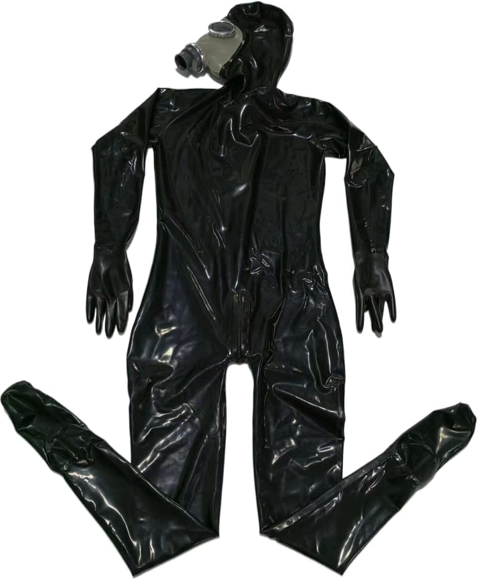 Black Full Cover Latex Catsuit Fetish Bodysuits Attach Gas Mask with
