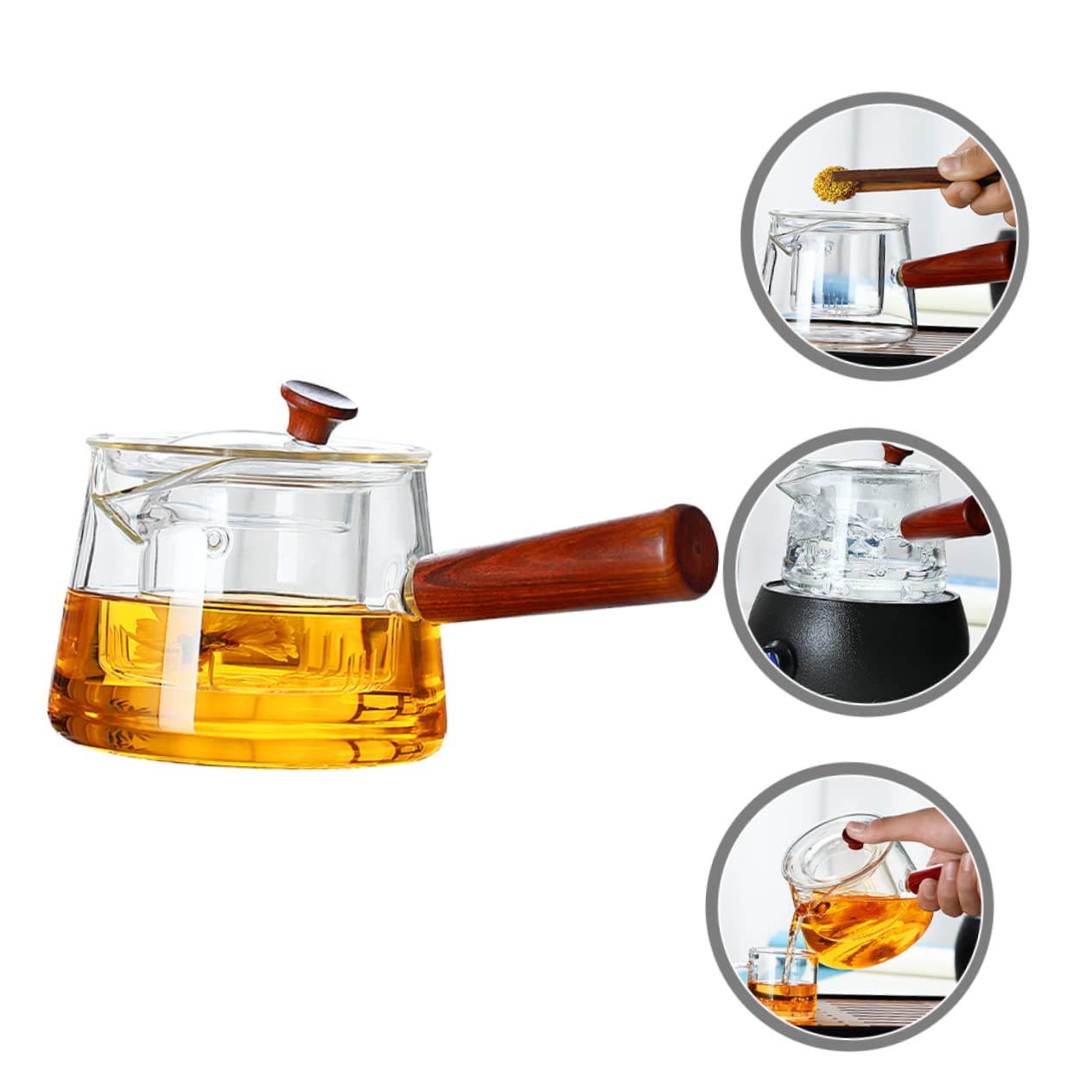 VALICLUD Teekanne aus Hitzebeständigem Glas mit Holzgriff 500ml Glas Teekessel mit Siebeinsatz für Losen Tee und Teebeutel Transparente Haushalts Teekanne für Täglichen Gebrauch