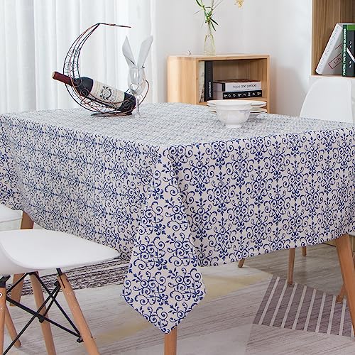 Novetec Tischdecke Blau und Weiß Porzellan Leinenoptik Quaste...