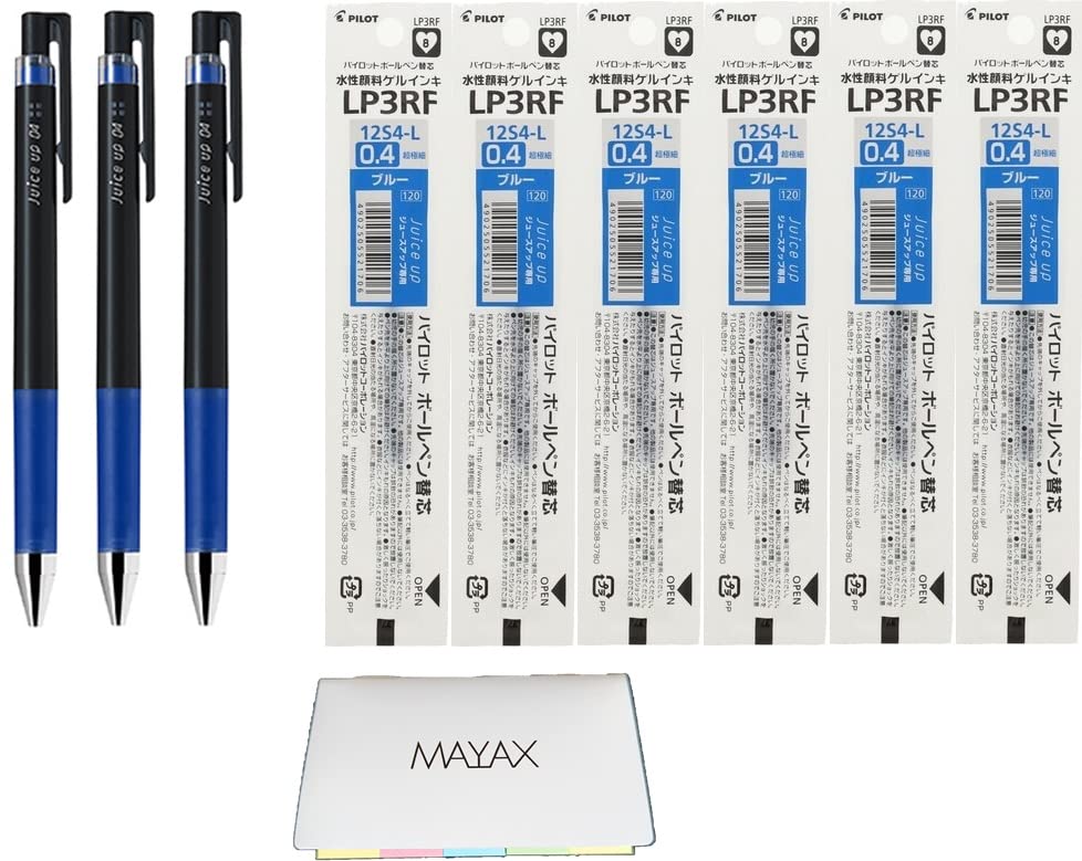 MAYAX Pilot juice up 04 Retractable Gel Ink Pen Ultra Fine Point 0.4mm 3 Pens & 6 Refills, Original Sticky Notes (Blue)