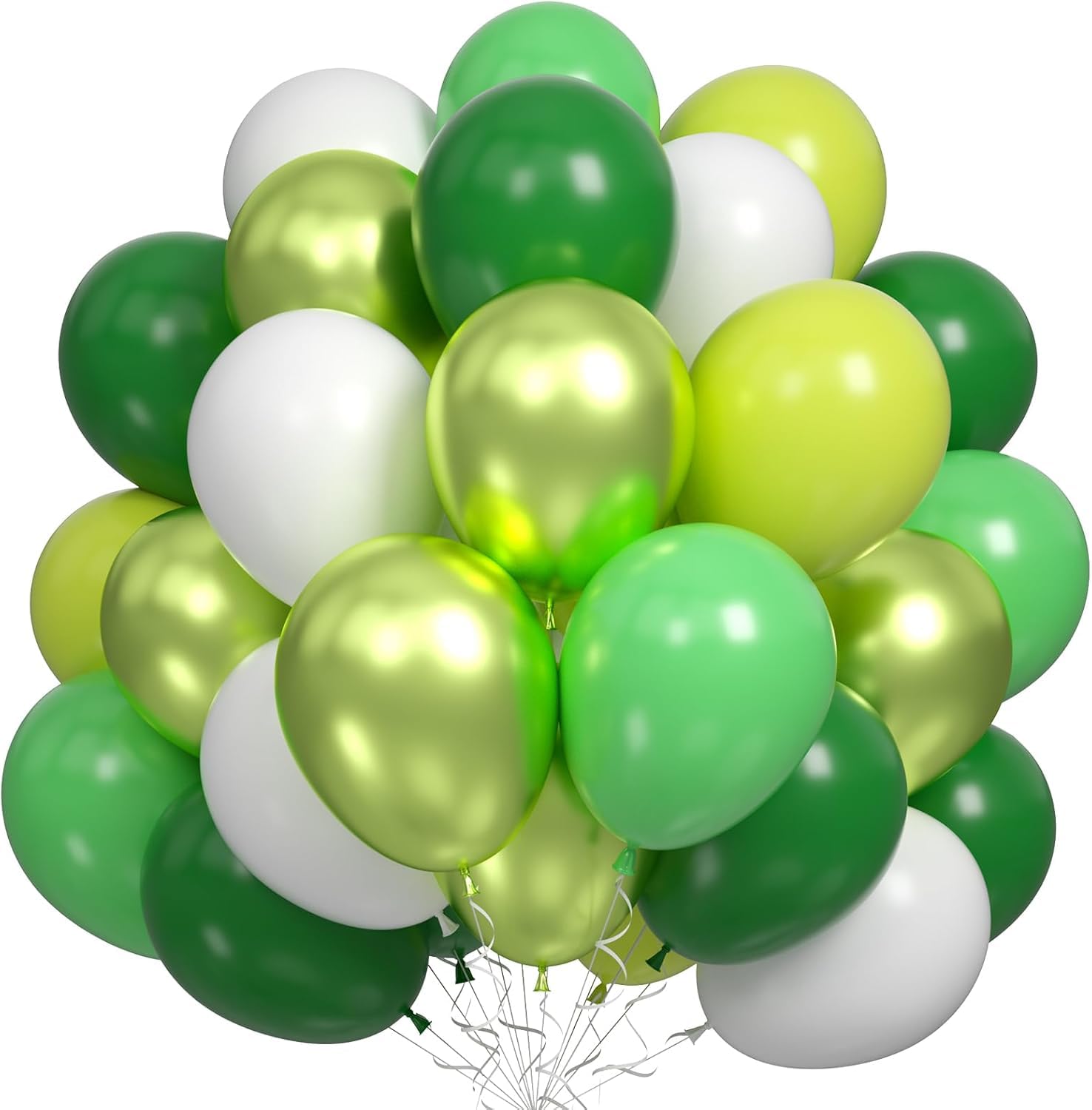 60PCS Green Party Balloons, Dark Emerald green Lime green Chrome Metallic greens and White Latex Balloons, for Themed Birthday Jungle Safari Party Supplies St. Patrick's Day Decoration