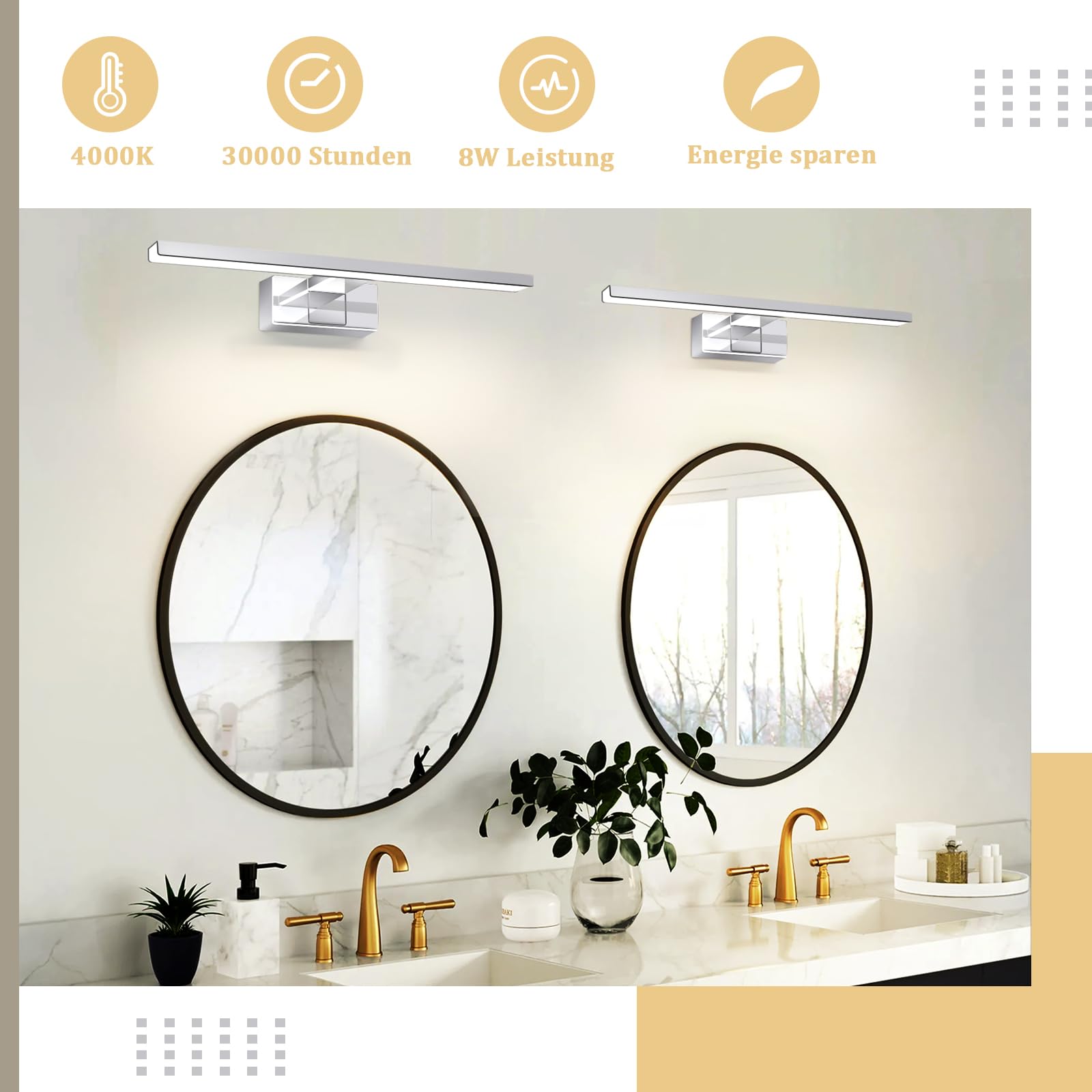 Homefire Luz de pared para espejo de baño LED - 8W, 40cm Cromo, impermeable IP44, neutro 4000K, moderna, para baño, sótano, cocina, armario de cromado