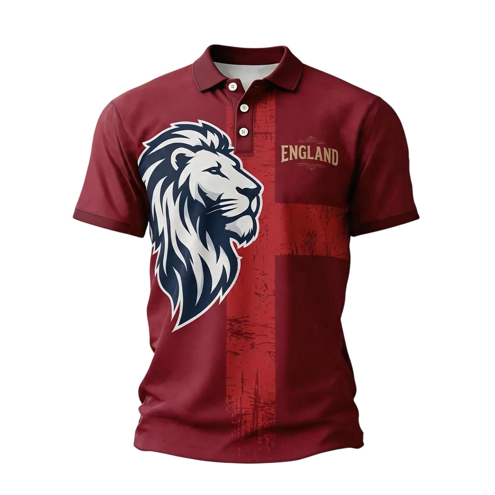 Men’s England Football Shirt 2026 with Lion Print Collared Short Sleeve Polo Shirt for Supporters of Football Casual National Flag Print Button Down Collar Top Outdoor Sports Shirts 2#Deep Red L — image 1
