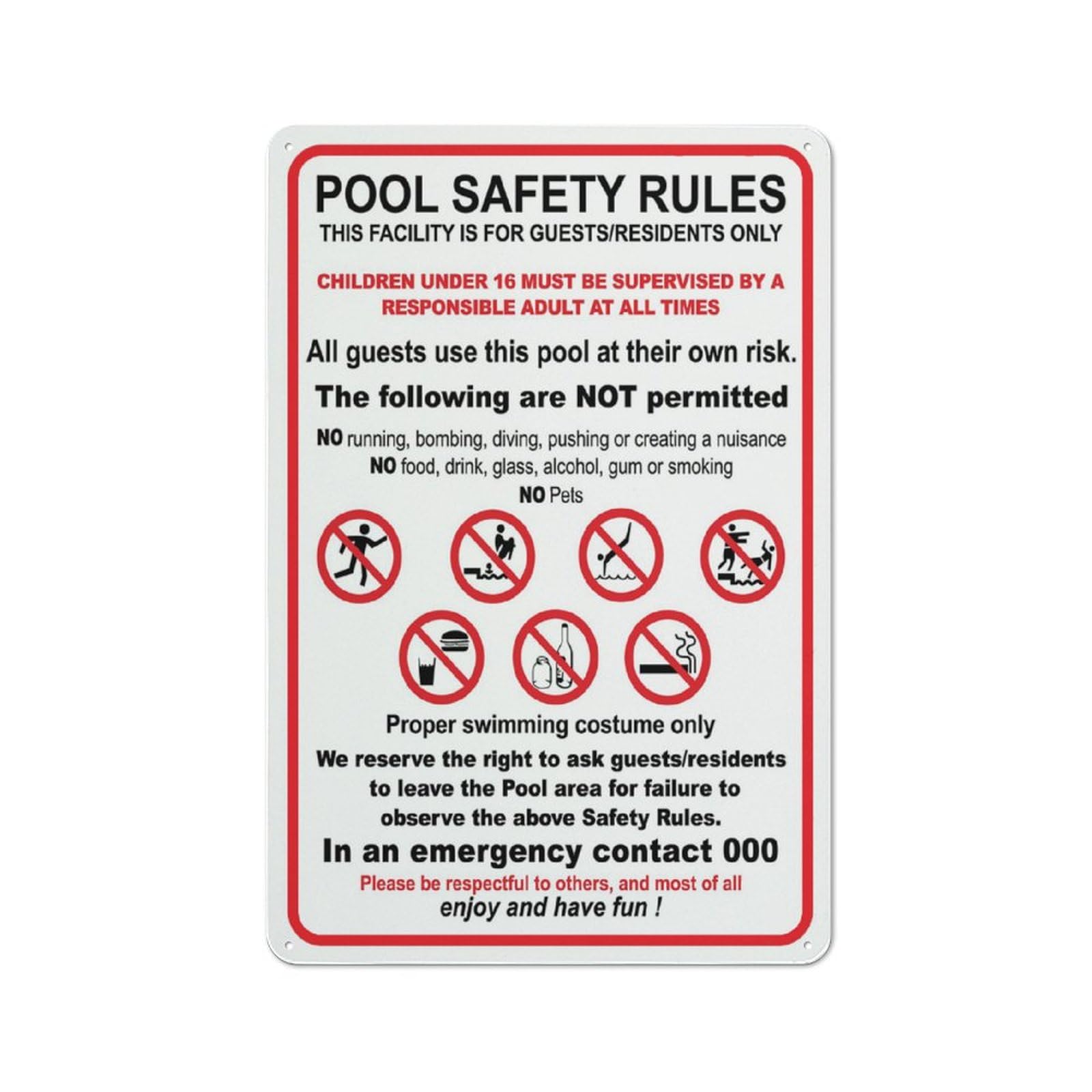 Pool Safety Rules Sign 12X8 Inches Metal Aluminum Signs, Weather Resistant, Weatherproof, Indoor Or Outdoor