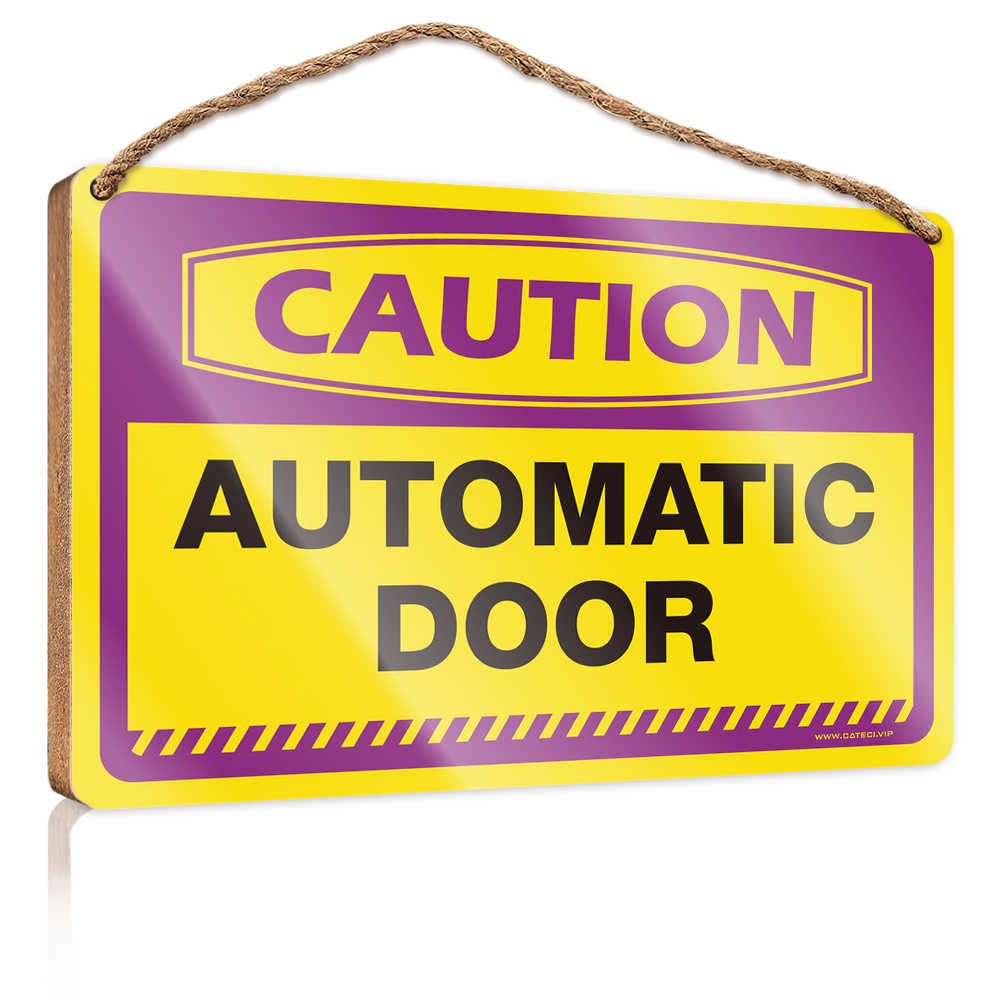 Home Sign For Front Porch Caution Automatic Door Wooden Sign Wooden Hanging Sign Outside Decor(20X30CM)