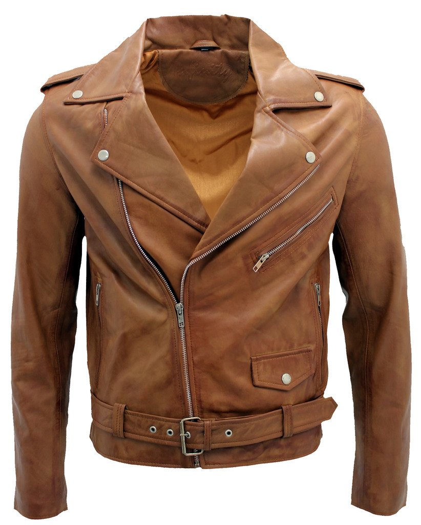 Infinity Men’s Retro Brando Casual Tan Leather Biker Jacket 4XL