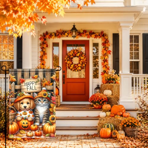 Image of Fall Thanksgiving Garden Flag, 12x18 Inch Dog Cat Pumpkin Yard Decor | Double-sided polyester with happy fall puppy and kitten artwork, adding cozy autumn charm to outdoor displays