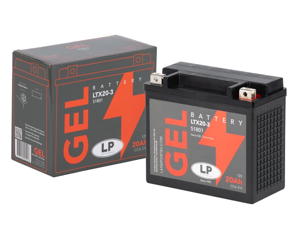 LANDPORT Batterie Typ LTX20-3 Gel 12V 20Ah, kompatibel mit Yamaha XVZ, XVS | Vergleichstypen YTX20L-BS, CTX20L-BS, GTX20-BS; kompatibel mit Triumph Trophy, Tiger, Kymco MXU, HD XL, VRSCF, FXSTS, FLSTN