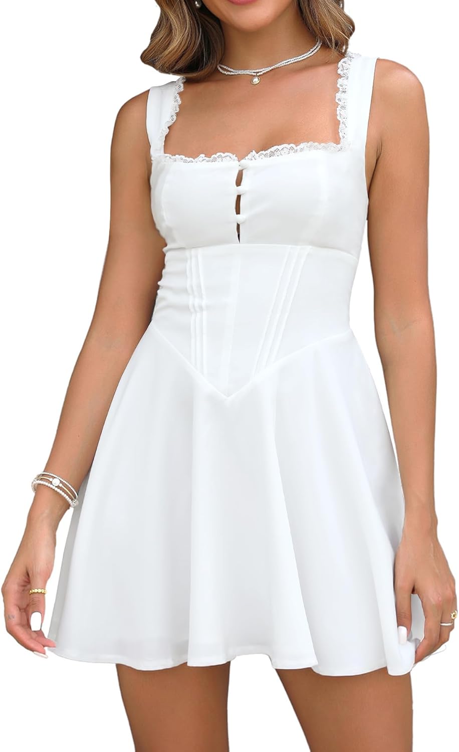 Women's Square Neck Lace Summer Casual Mini Dress Ruffle Flowy A Line Corset Buttons Cute Short Graduation Dresses