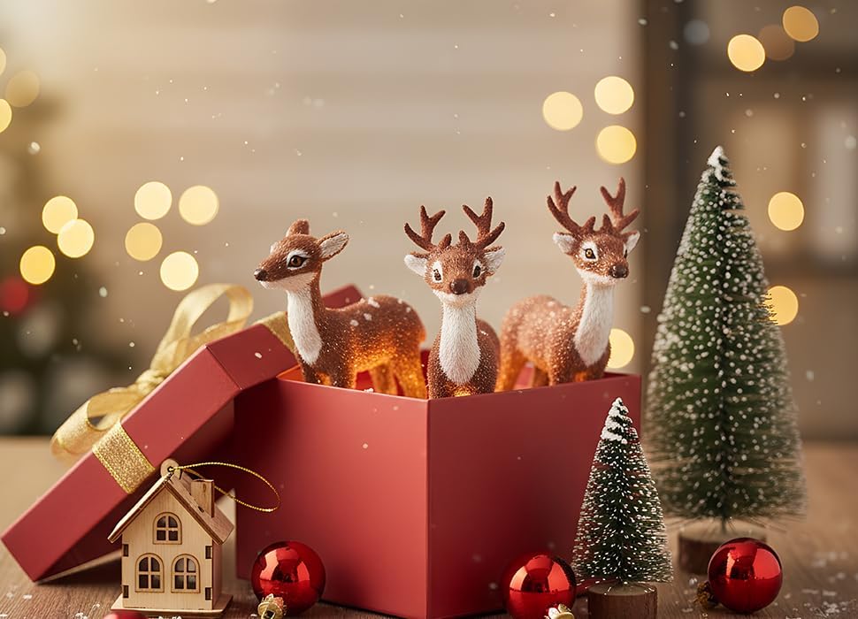 3 Pcs Christmas Reindeer Decor, Festive Holiday Decorations, Rustic Elk Ornaments, Handcrafted Tabletop Decor for Home, Office, Fireplace, Mantle (Brown)