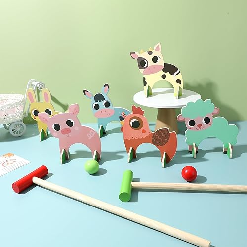 Miniatura 9 de TOYANDONA Juego de croquet para niños, juego de croquet de animales de madera de dibujos animados, divertidos juegos de césped para niños y niñas