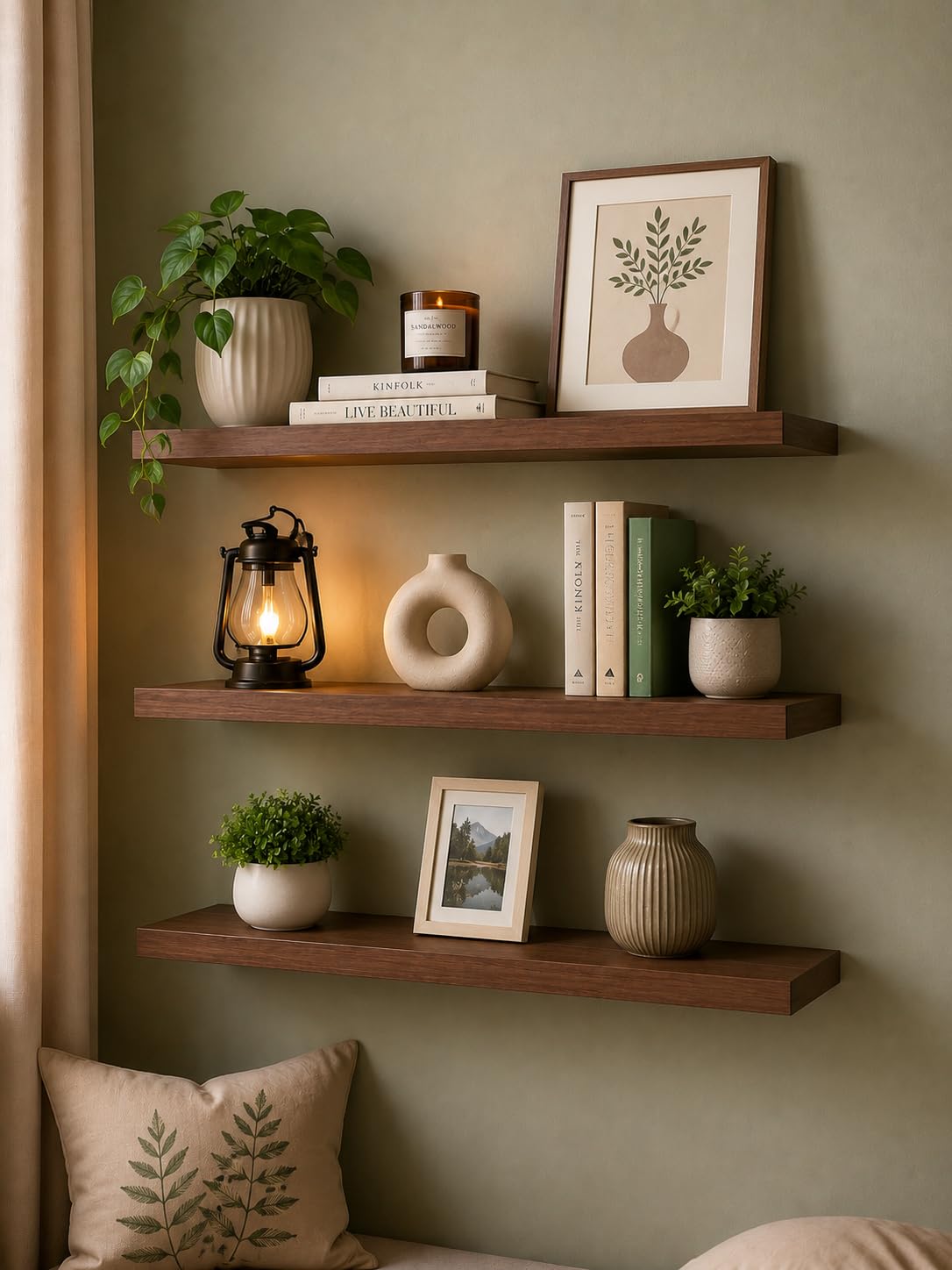 Elcom Handicrafts Premium Floating Wall Shelves Set of 3 | Modern Wooden Display Rack for Books, Plants & Home Decor (Brown, Engineered Wood)-image-32