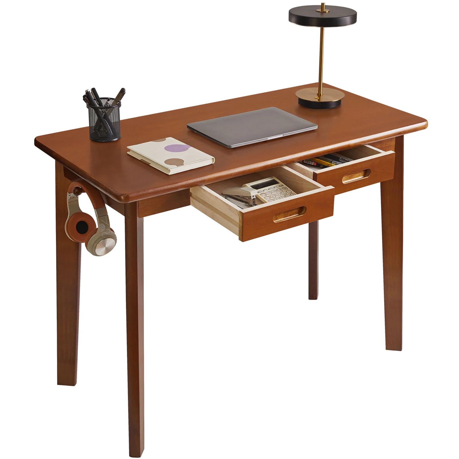 Aibiju Solid Wood Desk, Writing Desk, Small Office Table with drawers, 39x20x30inch Computer Desk with storage and Hanging Rod for Home Office, Rustic Brown YD-WD01H โ image 1