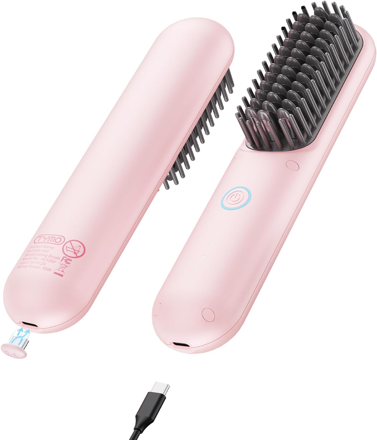 TYMO Cordless Hair Straightener Brush - Porta ECO Portable Straightening Brush for Travel, Mini Hot Ionic Straightener Comb for Women, Ceramic Coating, Lightweight for Touch-ups, No Charger, Pink