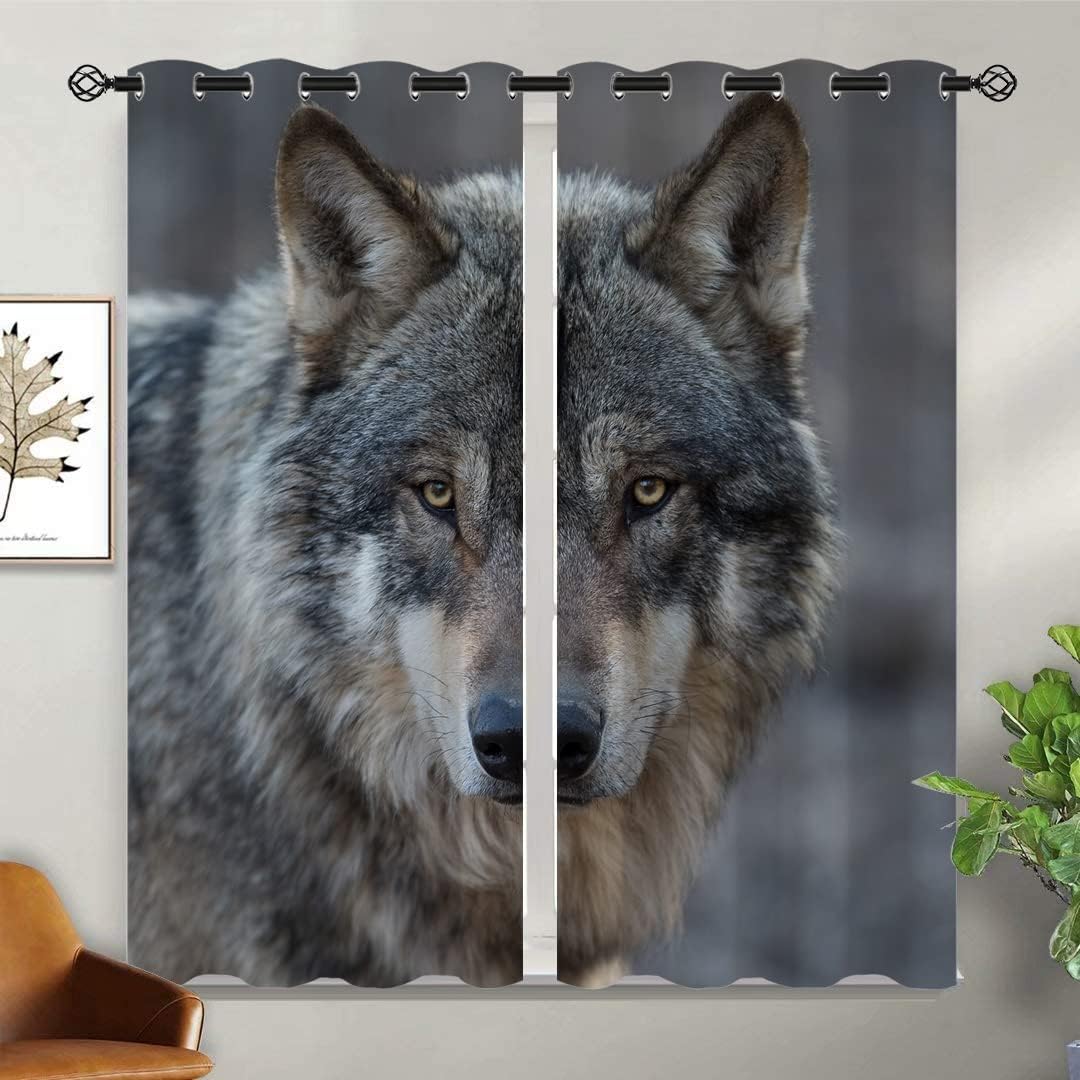 Grey Wolf Blackout Curtains for Girls Boy Home Decor, Beast Wolves Natural Animal Portrait Grommet Thermal Insulated Drapes Darkening Window Curtain for Bedroom Living Room, 42 x 45 Inch