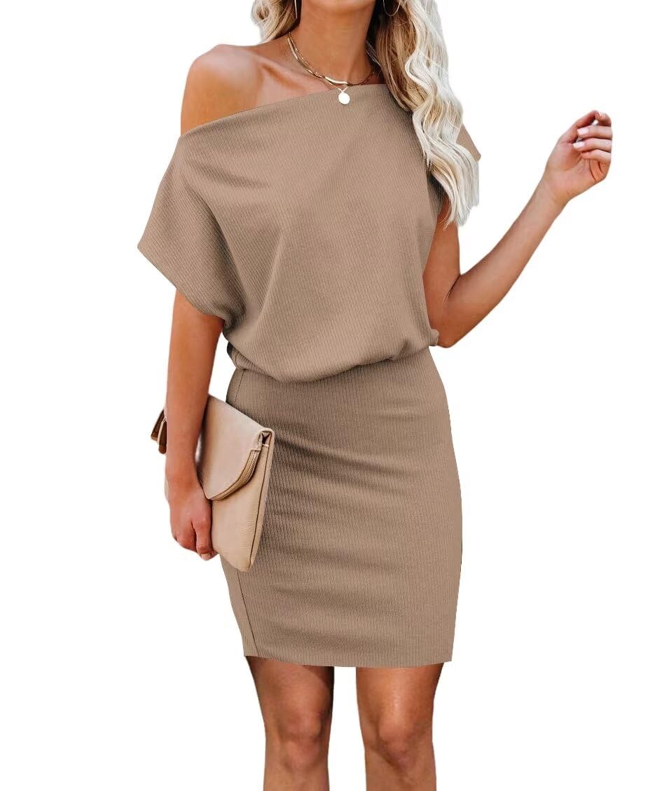 Ezbelle Women's Off The Shoulder Short Sleeve Ribbed Casual Summer HIPS-Wrapped Bodycon Party Mini Batwing Dress