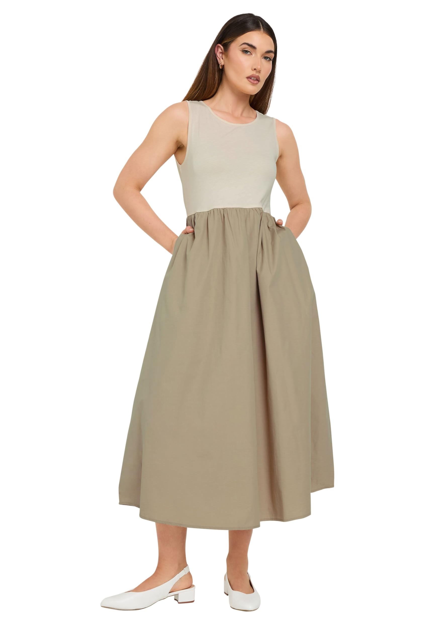 Long Tall Sally Women's Beige - Lts Tall Brown Jersey & Woven Mix Cotton Midi Dress