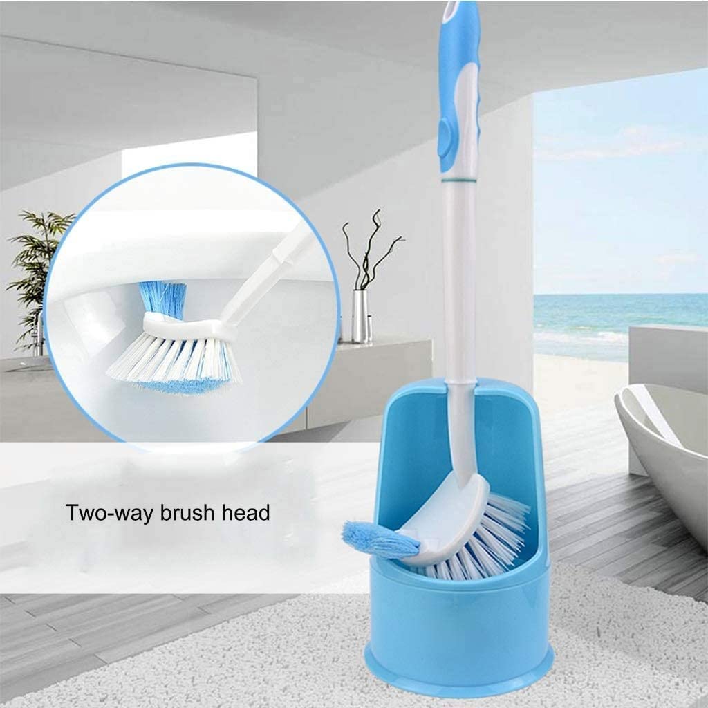 Moderno cepillo de inodoro de doble cara con soporte, herramienta de limpieza de plástico azul sin esfuerzo, fácil de ocultar, suministros de baño esenciales para el saneamiento del hogar