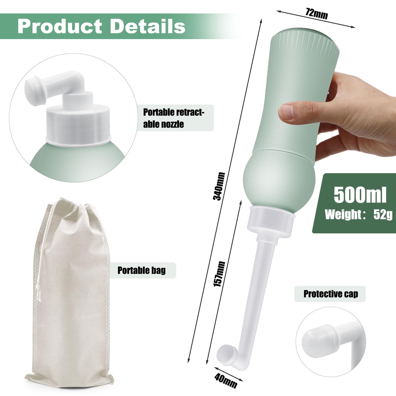 Prysznic 500 ml z etui podróżnym, wysuwany, przenośny bidet do podróży i domu – zastępuje wilgotne chusteczki, oszczędza papier toaletowy, higieniczny prysznic intymny Podusche dla kobiet w połogu