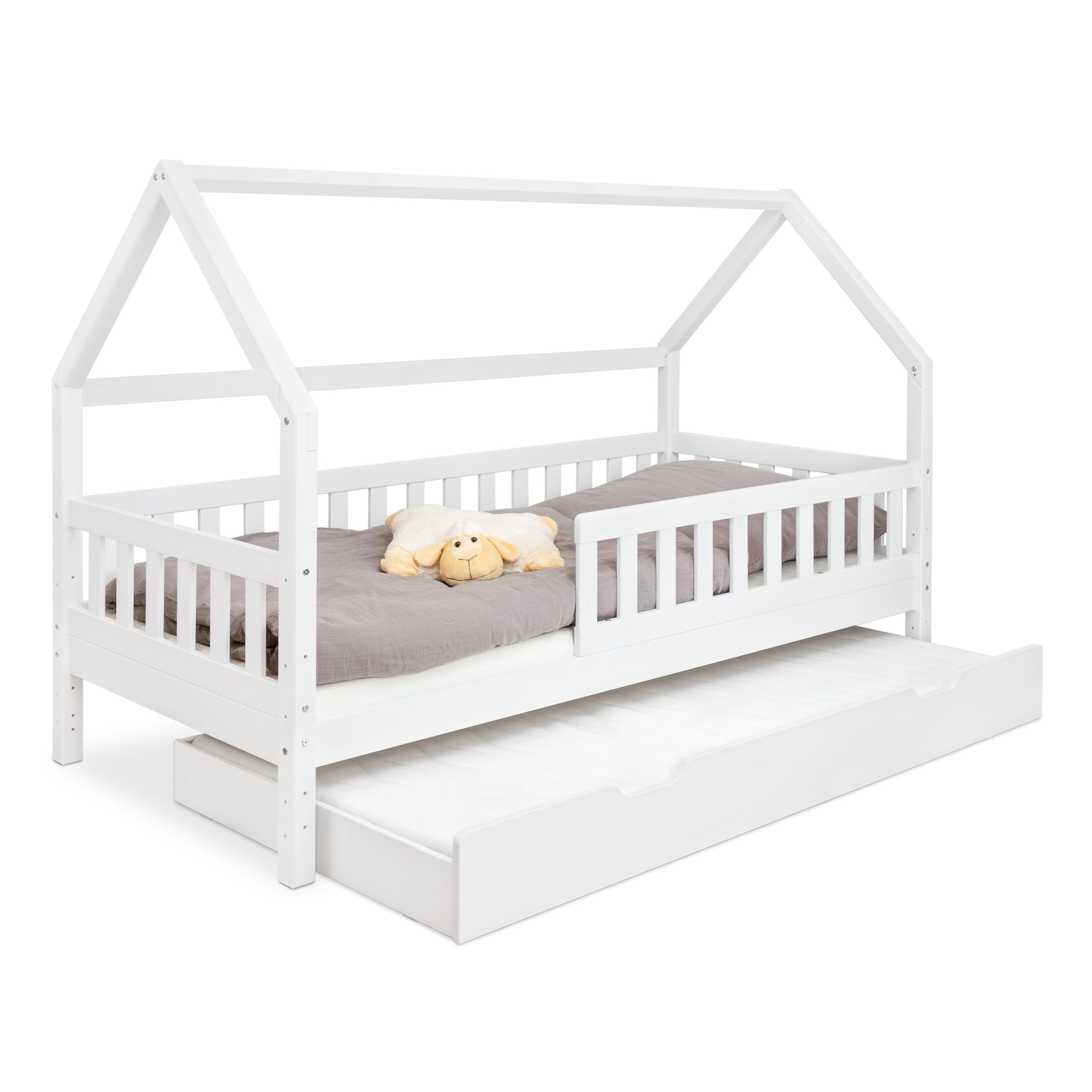Ehrenkind® Hausbett Lille | Kinderbett mit abnehmbaren Rausfallschutz aus Massivholz FSC® zertifziert inkl. Bettkasten | Hausbett 90x200 | Kinderbett 90x200 Weiß