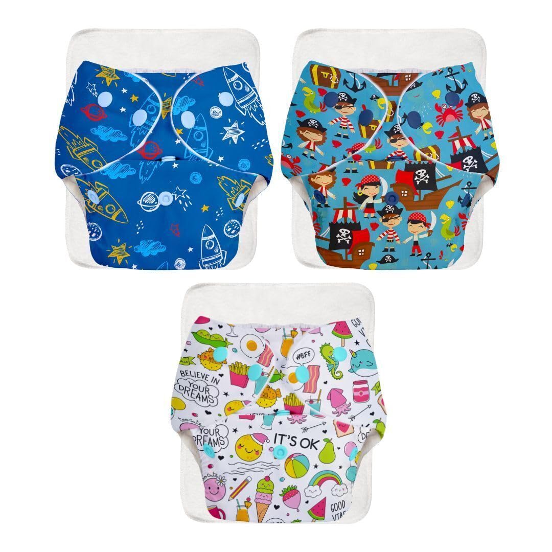 SuperBottoms BASIC Assorted Pack of 3 Diapers with 3 Dry feel Inserts - Freesize cloth diapers | Reusable cloth diapers for babies - Fits babies from 0-3 years - 5-17kgs | Option 7-image-47