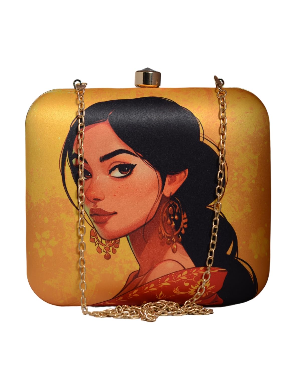 artklim Portrait of Indian Women Printed Clutch Bag For Women | Wedding Clutch Purse With Detachable Chain Sling Strap-picture-12
