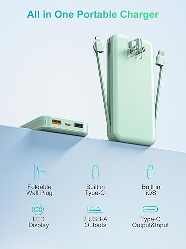 Miniatura 8 de Banco de energía portátil, cargador de teléfono de 12000 mAh 22.5 W con cables integrados y enchufe de pared, banco de batería de carga rápida USB C
