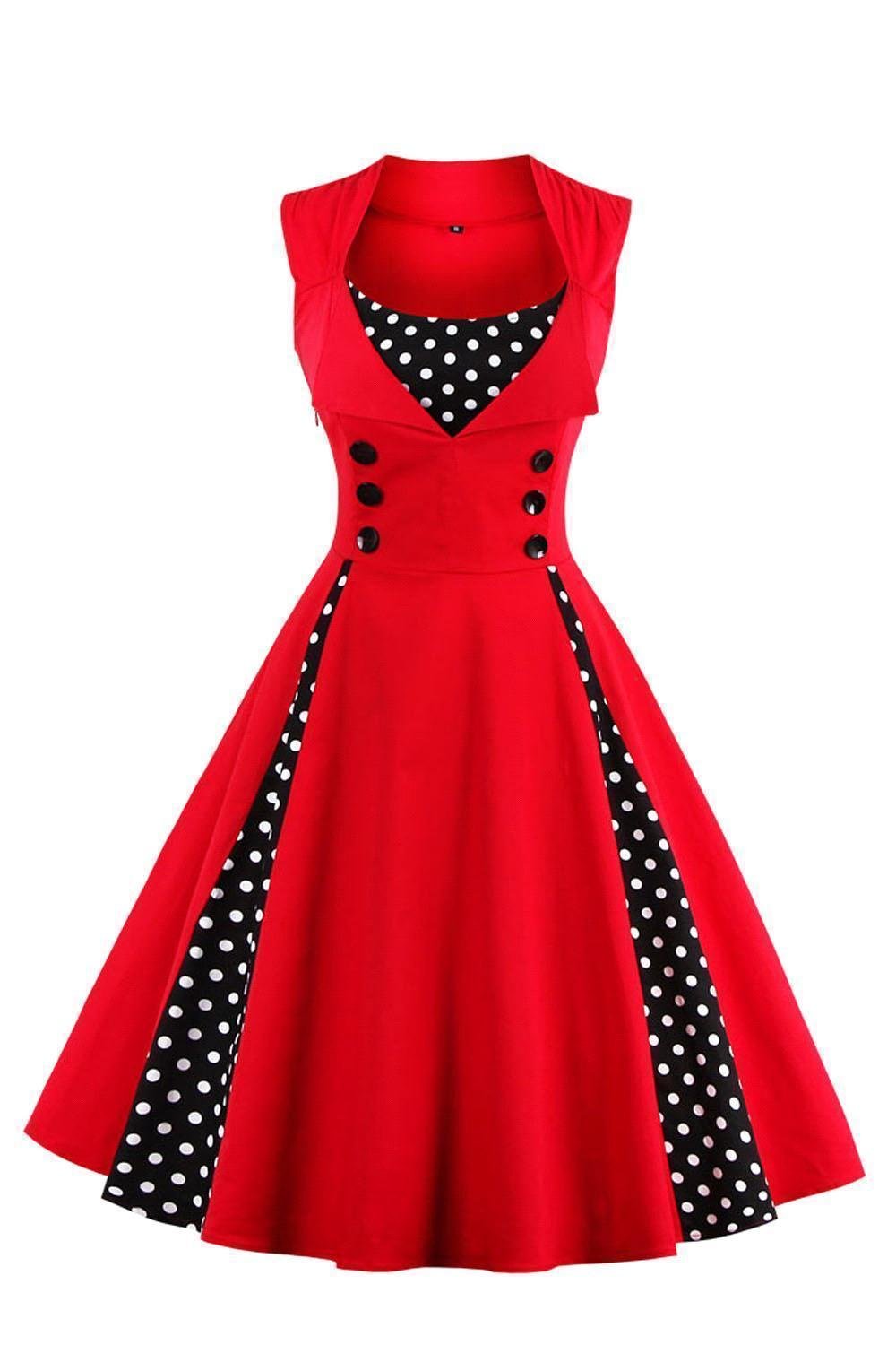 AXOE Women's 1940s 50s A-Line Vintage Fancy Dress Polka Dot Cocktail Dress Wedding Guest Party Stretch Cotton Knee-Length Red Polka Dots UK Size 24, 5XL