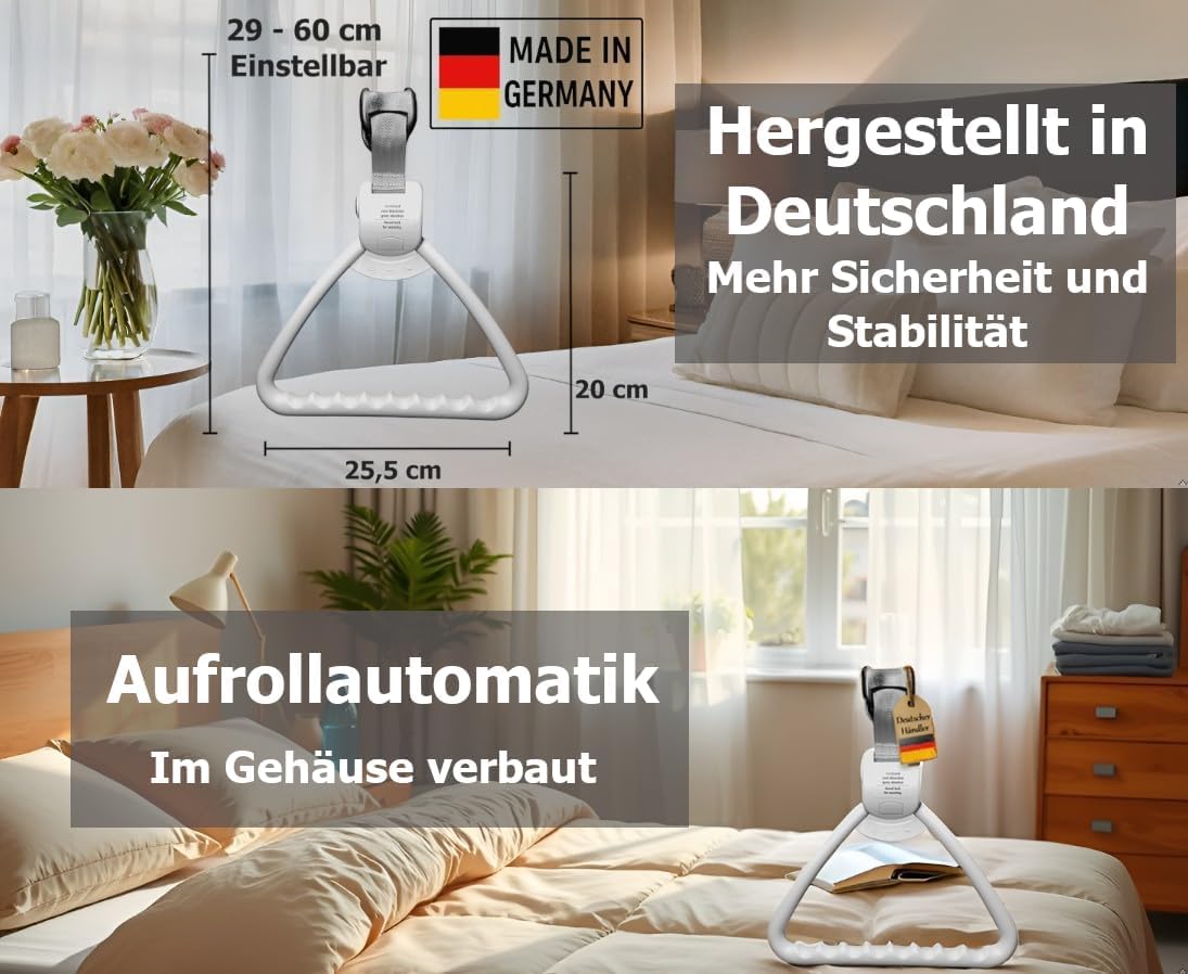 FabaCare Bettgalgen freistehend bis 130 kg Körpergewicht extra Griff und Aufrollautomatik | mobiler Galgen für normales Bett | Aufrichthilfe, Bettgriff, Bettaufrichter mit Trapezgriff