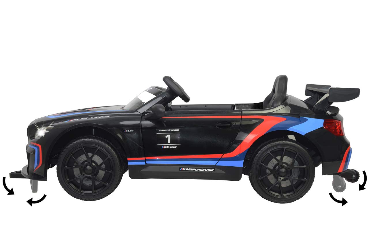 JAMARA 460474 – Ride-on BMW M6 GT3 – potenti motori di azionamento e batteria per lungo tempo di guida, 3 marce, ammortizzatore, connettore AUX, anello in gomma ultra grip, faro LED, nero, grande