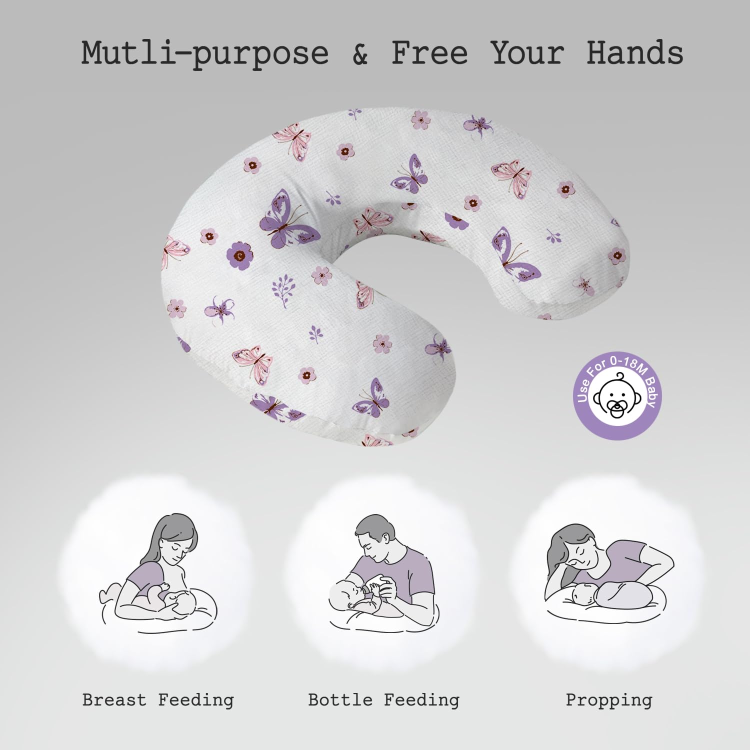Little Grape Land Cuscino per allattamento, morbido cuscino per allattamento al seno in 100% cotone, con fodera rimovibile in mussola traspirante, con farfalla viola, per bambini da 0 a 12 mesi, con