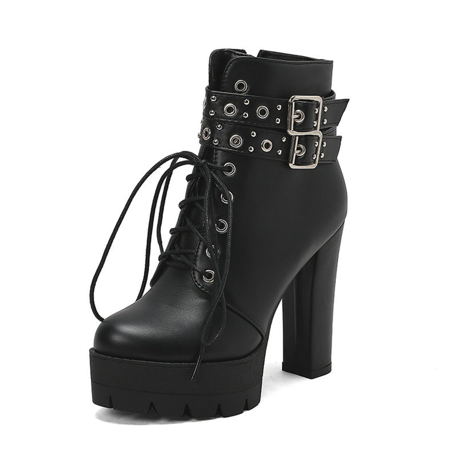 12 CM Plataforma de la Mujer Botas de tacón Alto Sexy Chunky Heels Ultra High Heel Hebilla Frente Lace-Up High Heel Mid Calf Boots